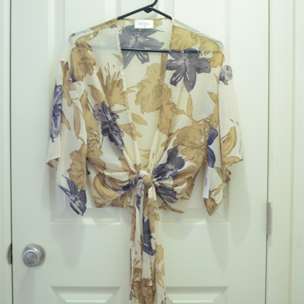 Taupe Long Floral Tie Front Summer Crop Top - Picture 4 of 8